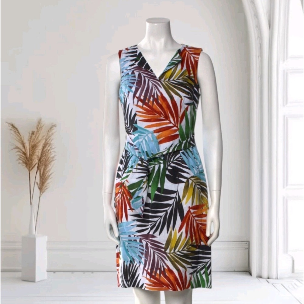 HOBBS LONDON Amalfi Tie-Waist Palm Print Sheath Dress Women's 2 100% Linen